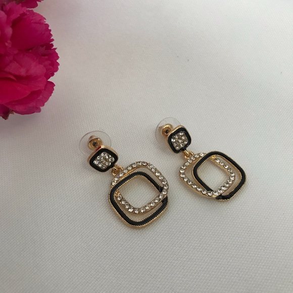 Gold-Tone Black Enamel Glass Stone Drop Earrings - Picture 5 of 13